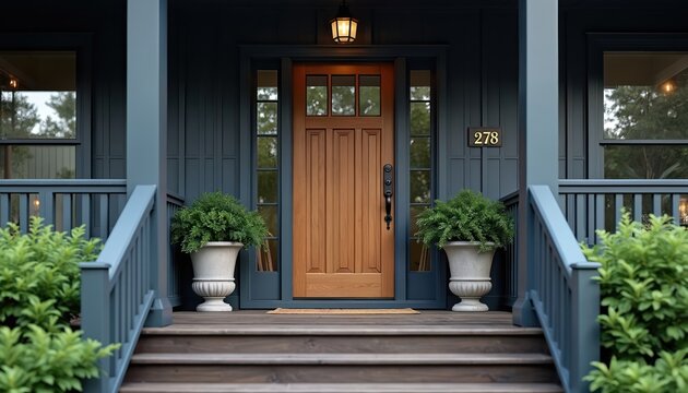 Charming wooden front door with decorative greenery and potted plants framing the entrance. Home exterior features blue siding, wood stairs, and a welcoming porch with a number sign.