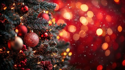Christmas Tree Decorated with Red Ornaments and Sparkling Lights