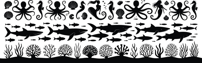 Underwater sea life seamless pattern with octopus, mermaids, sharks, seahorses, coral reef, fish, shells, ocean flora, and marine creatures.