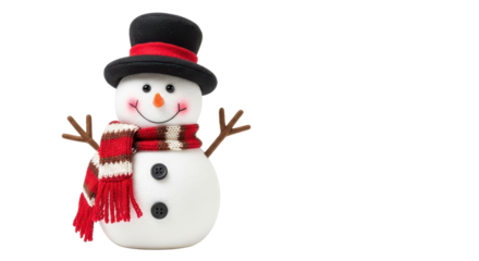 Happy smiling snowman with scarf and top hat decoration isolated PNG with Transparent Background