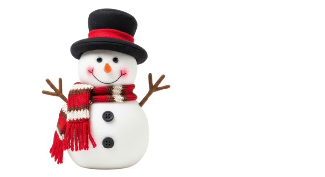 Happy smiling snowman with scarf and top hat decoration isolated PNG with Transparent Background