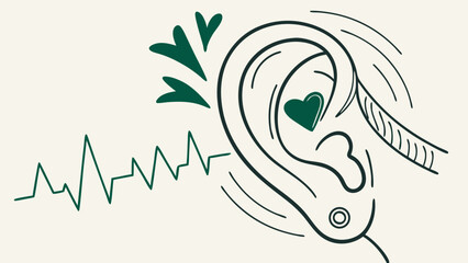 Artistic Illustration of an Ear with Soundwave and Heart Symbols