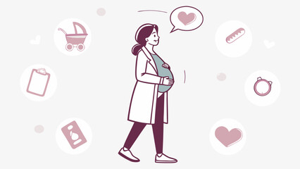 Expectant Mother Walking with Love and Anticipation Surrounded by BabyRelated Icons