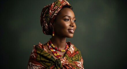 Fototapeta premium Elegant African woman portrait. Traditional attire for cultural events, beauty campaigns, Black History Month. Celebrating heritage, diversity. Perfect for editorial use.