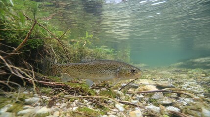 Obraz premium trout. Underwater scene of a trout swimming in a clear river, showcasing aquatic tranquility and wildlife. wildlife magazines, conservation campaigns, designed for nature documentaries and education.