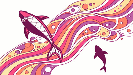 Stylized Fish Duo Swimming Through Abstract Colorful Waves Illustration