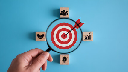 Business success strategy focus on target with magnifying glass