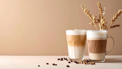 Two Latte Glasses on Beige Surface with Coffee Beans and Wheat