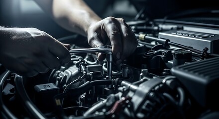 Fototapeta premium Mechanic finely tuning a car engine component with focused precision