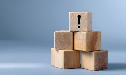 Obraz premium a wooden cubes with Exclamation Mark icon, and warning icon on a blue background,