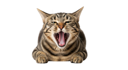 Isolated Tabby Cat Yawning Wide Open on White Background, Looking Directly at Camera