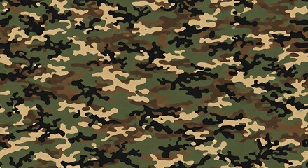 Classic woodland camouflage pattern with green, brown, and beige spots.