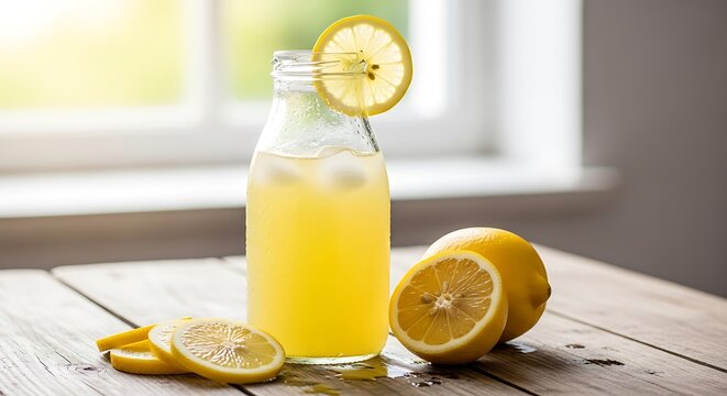 Refreshing lemon elixir in glass bottle with citrus fruits decoration