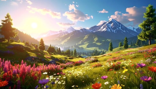 Vibrant Alpine Meadow Sunrise Landscape.