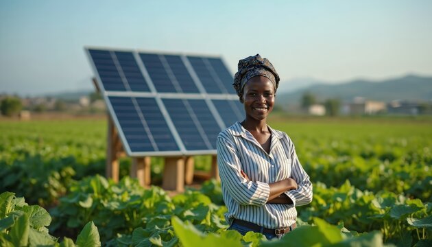 African woman farmer smiles with crossed arms in field near solar panels. Sustainable agriculture utilizes renewable energy for crop growth. Technology advances rural farming practices promoting