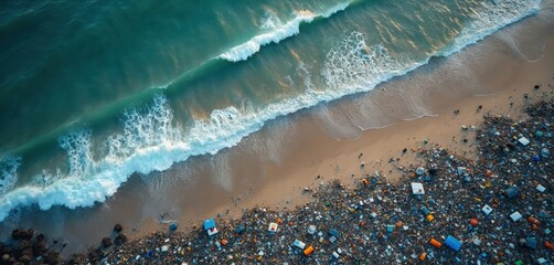 Aerial view of polluted beach with waves crashing on sand littered with plastic, trash. Environmental issue of ocean pollution, coastal debris needs attention for marine life, ecosystem conservation.