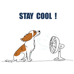 Funny vector illustration of a dog sitting in front of a fan with the caption 'Stay cool'. Perfect for summer designs, social media graphics, stickers, greeting cards, and pet-themed projects.