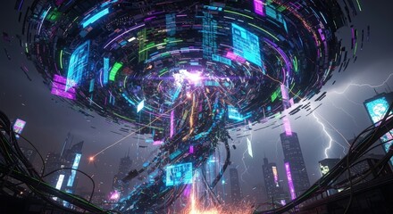 A colossal, futuristic alien artifact descends upon a city, crackling with energy and digital displays.