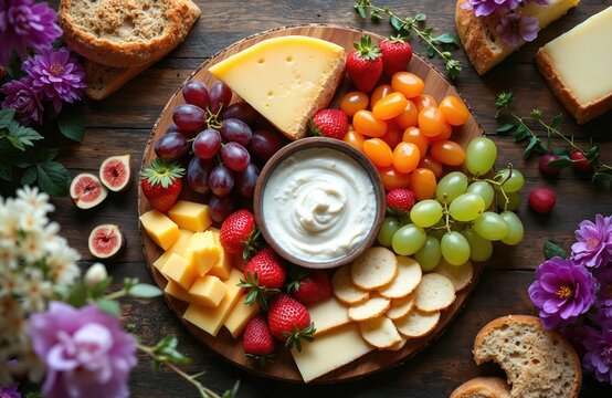 Elegant charcuterie board presents cheese selection fresh fruits, bread. Rustic charm with vibrant colors offers appetizing display of grapes strawberries cherry tomatoes figs. Creamy dip, assorted - Powered by Adobe