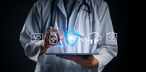 AI, healthcare physician taps a tablet to analyze medical data, sync to cloud EHR, improve security, and support telemedicine workflows for smart diagnostics and efficient clinical decisions
