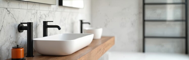 Modern bathroom vanity setup with clean white sink, black faucet on natural wood surface. Stylish orange accent object adds pop of color. Marble tile backsplash, concrete wall create sophisticated,
