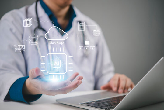 AI, healthcare doctor demonstrates cloud backup for medical data and EHR on an AI platform, ensuring security and resilient storage that supports telemedicine and faster clinical decisions - Powered by Adobe
