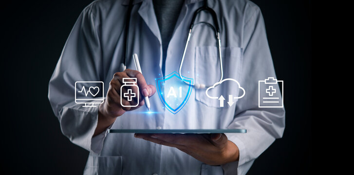 AI, healthcare physician taps a tablet to analyze medical data, sync to cloud EHR, improve security, and support telemedicine workflows for smart diagnostics and efficient clinical decisions
