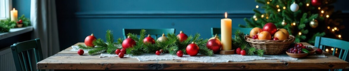 Rustic Christmas table setting, blue background Cozy holiday scene with natural elements , napkins, dinnerware