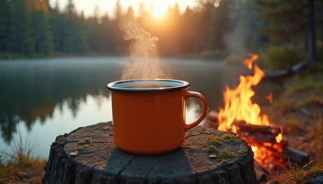 Orange enamel mug filled with steaming hot coffee sits on old log next to campfire. Coniferous forest and lake surround scene. Morning sun casts warm glow, creating peaceful camping atmosphere. - Powered by Adobe