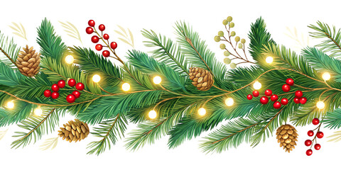 Festive Christmas garland border with green pine branches, gold lights, and red berries on transparent background