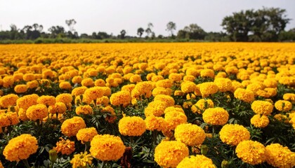 Vibrant Yellow Marigold Field Under Bright Sunlight