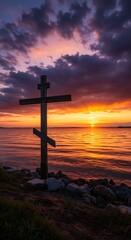 Sunset Serenity: Coastal Cross at Golden Hour