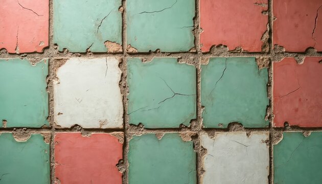 Close-up of weathered, distressed vintage tiles in green, red, white with cracked, aged textures. Rustic ceramic surface shows architectural detail, decay, scratches, suggesting retro, worn, antique - Powered by Adobe