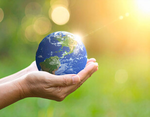 A Brighter Tomorrow: Sunlight illuminates the Earth held in gentle hands, symbolizing a positive outlook on climate action, sustainability, and a harmonious relationship with nature