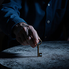 A man takes a key from a table covered in dust. Close-up.