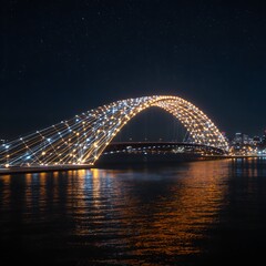 Obraz premium Nighttime illuminated bridge arch over water under starry sky, city lights in background