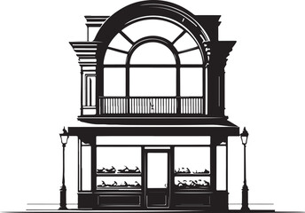 Black silhouette of a vintage storefront with arched window and street lamps building architecture