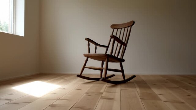Minimalist empty room, single rocking chair, stuttering window light