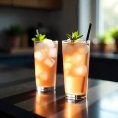 Two Glasses of Iced Tea on Stone Table by Lake at Sunset