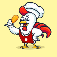 A delightful and confident vector illustration of a cartoon rooster mascot dressed as a chef, proudly holding a crispy fried chicken drumstick. This charming character is perfect for restaurant logos