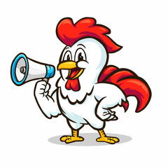 A fun and energetic vector illustration of a happy cartoon rooster mascot, holding a megaphone and ready to make an announcement. This vibrant character is perfect for promotions, marketing campaigns