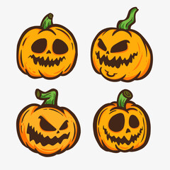 A fun and spooky set of four unique Jack-o'-lantern illustrations, each with a distinct carved face. This vector pack is perfect for all your Halloween-themed projects, including party invitations, de