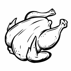 A clean vector outline illustration of a whole roasted chicken. This simple yet detailed line art is perfect for coloring books, menu designs, recipe templates, educational materials about food, or as