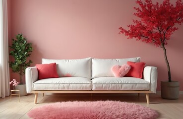 White sofa with pink and red heart-shaped pillows in a pastel pink living room. A green potted plant sits to the left, with a decorative red tree on the right. Plush pink rug on wooden floor.