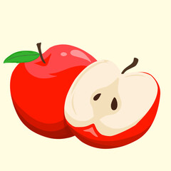 A fresh and vibrant vector illustration of a red apple, shown both whole and sliced in half to reveal its core and seeds. This clean, modern image is perfect for a variety of health, food, and educati