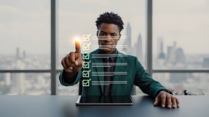 Young African businessman interacting with floating holographic checklist at minimalist desk, photorealistic corporate scene with city skyline and natural lighting