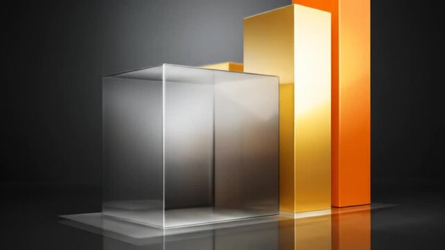 Three dimensional graphic representation of data comparisons with vibrant orange, gold, and gray cubes.