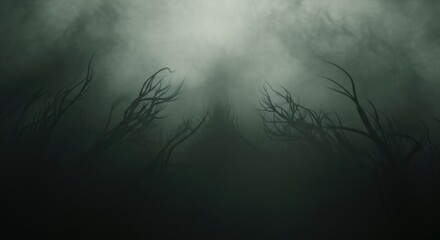 Eerie, dark, and mysterious forest scene with gnarled branches reaching upwards into a hazy, illuminated sky.