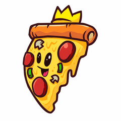 A cute and fun cartoon illustration of a crowned pizza slice. This adorable and playful design is perfect for food-related projects, kids' content, and branding