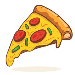 A cartoon illustration of a slice of pizza with melted cheese, pepperoni, and peppers. Perfect for themes of food, restaurants, and cuisine